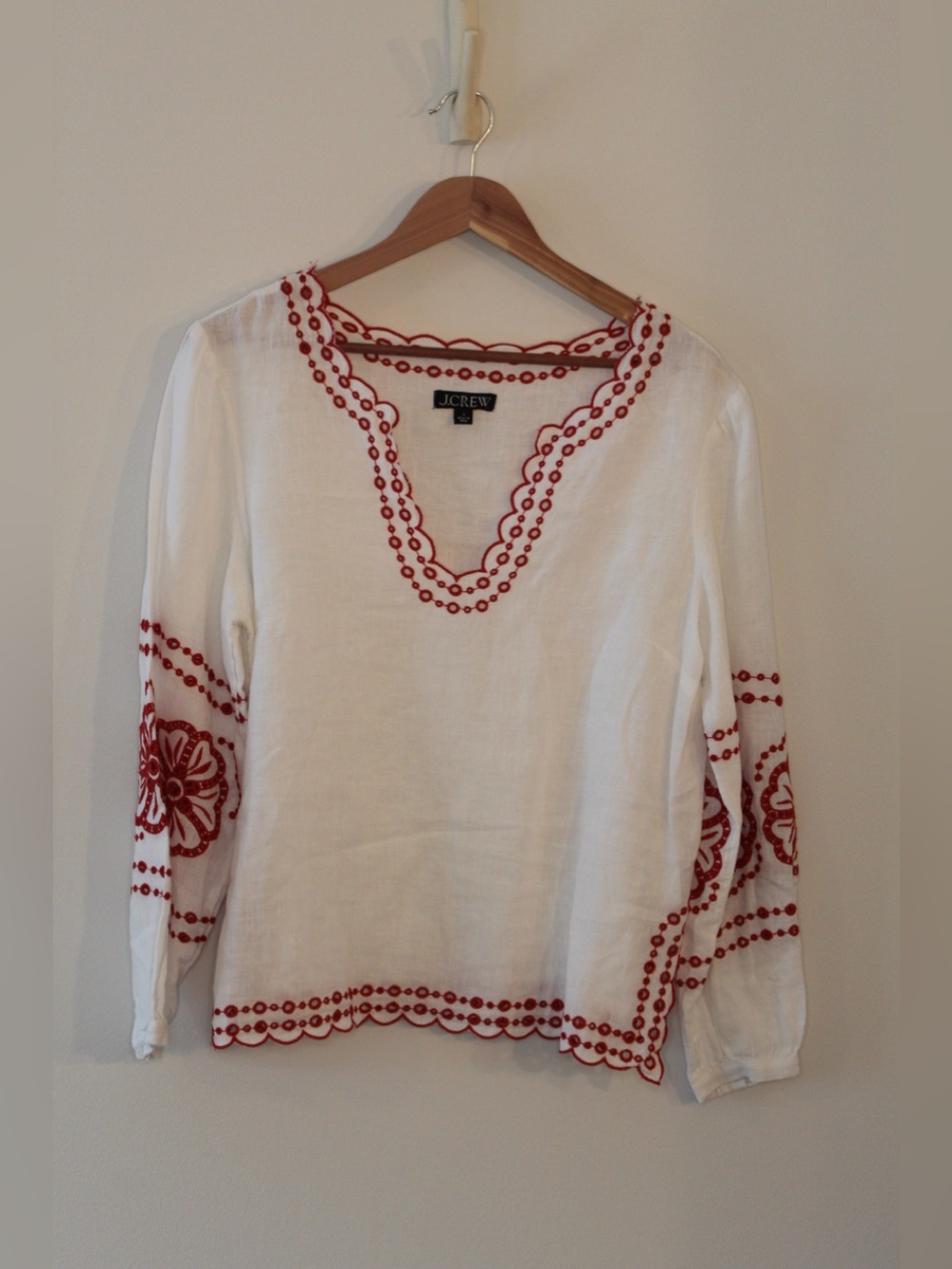 J. Crew White and Red Boho Linen Top
